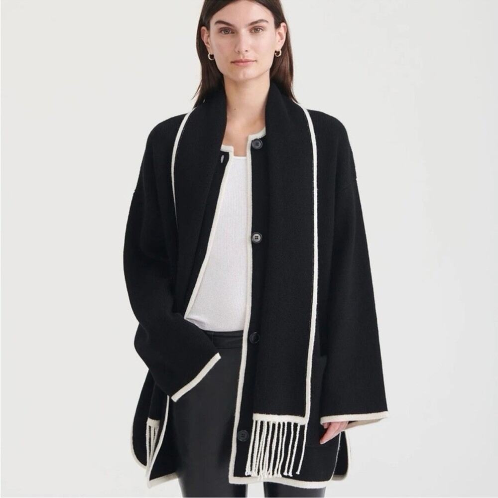 NWT Naadam Cashmino Contrast Stitch Sweater Jacket Scarf Wool Cashmere M